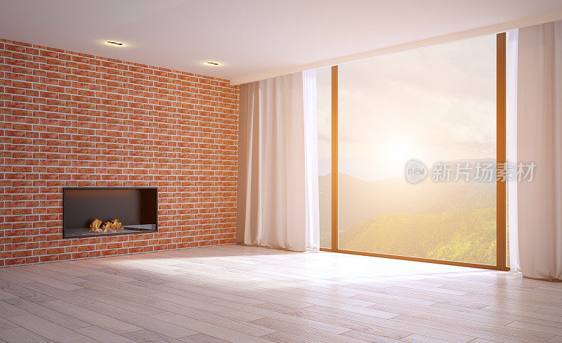 空荡荡的客厅，有木墙和砖墙。大窗口。现代壁炉. .3 d渲染。日落